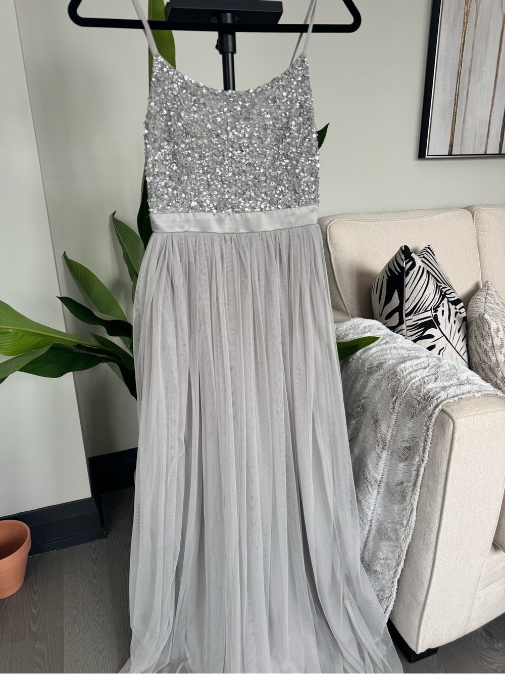 Silver Sequin Bodice Spaghetti Strap Prom Gown